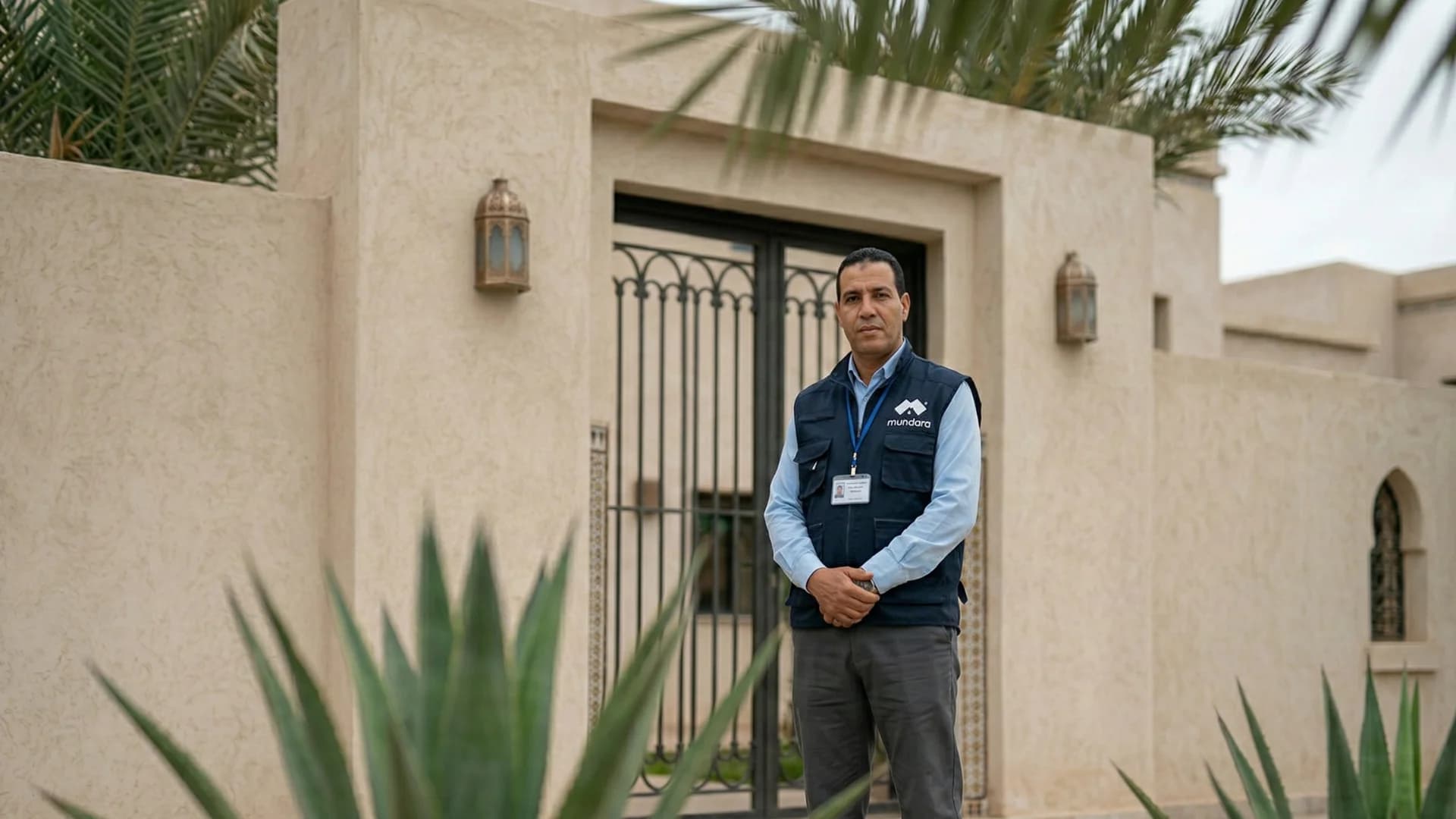 Agent de sécurité vigilant surveillant l'entrée d'une villa à Casablanca