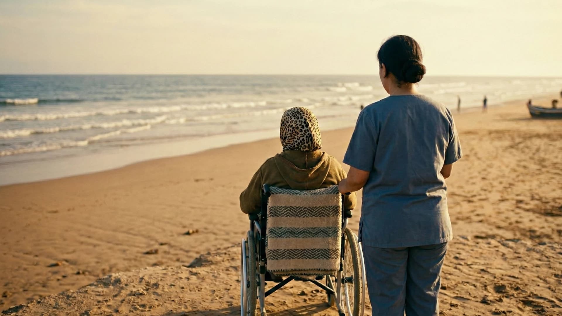 Aide soignante compatissante accompagnant une personne âgée à domicile à Casablanca