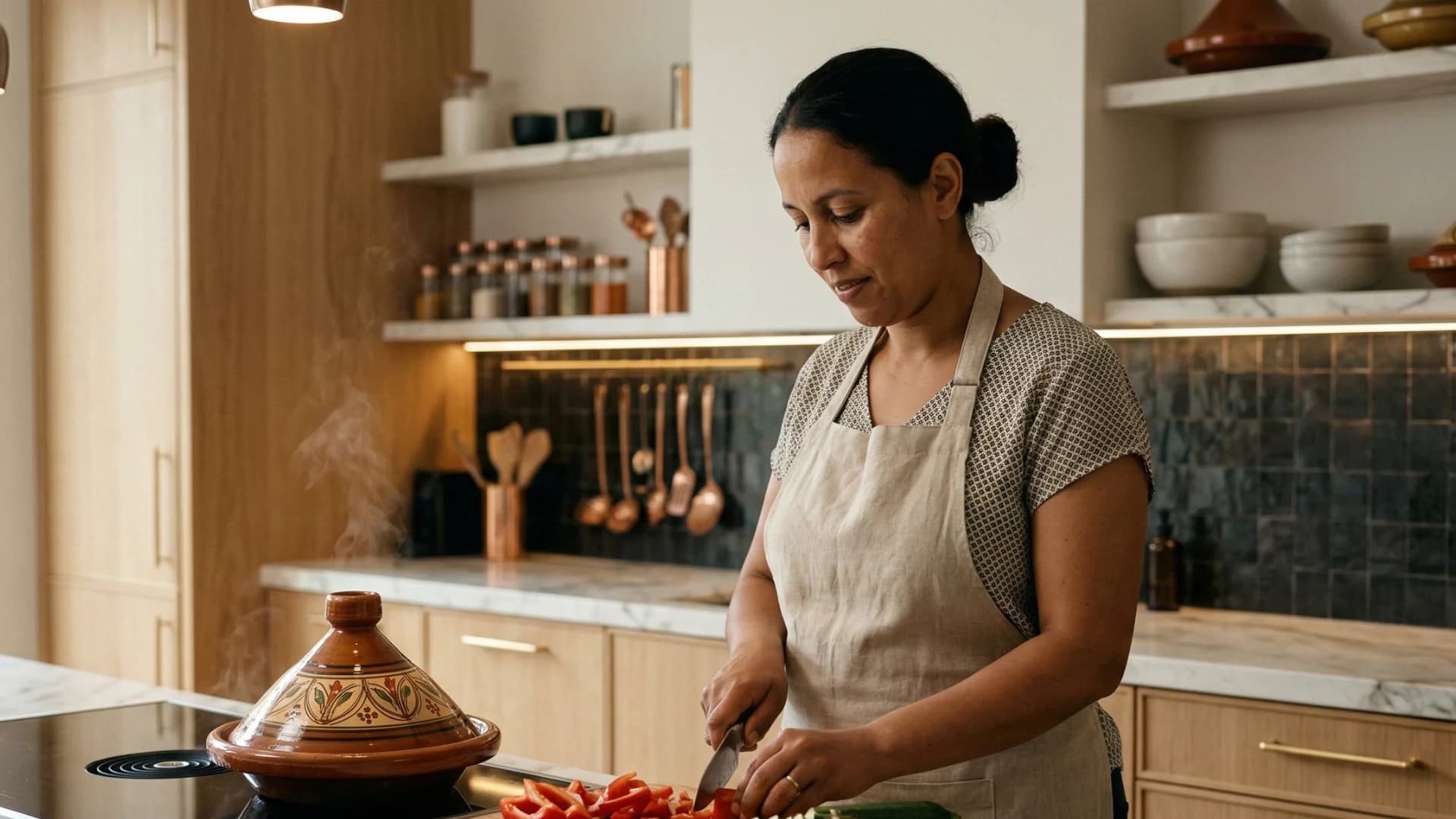 Cuisinière préparant un repas maison dans une cuisine familiale à Casablanca